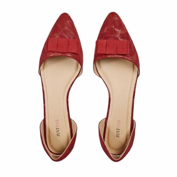 JUSTFAB Pointy D’Orsay Red And Gold Flats - Picture 1 of 5